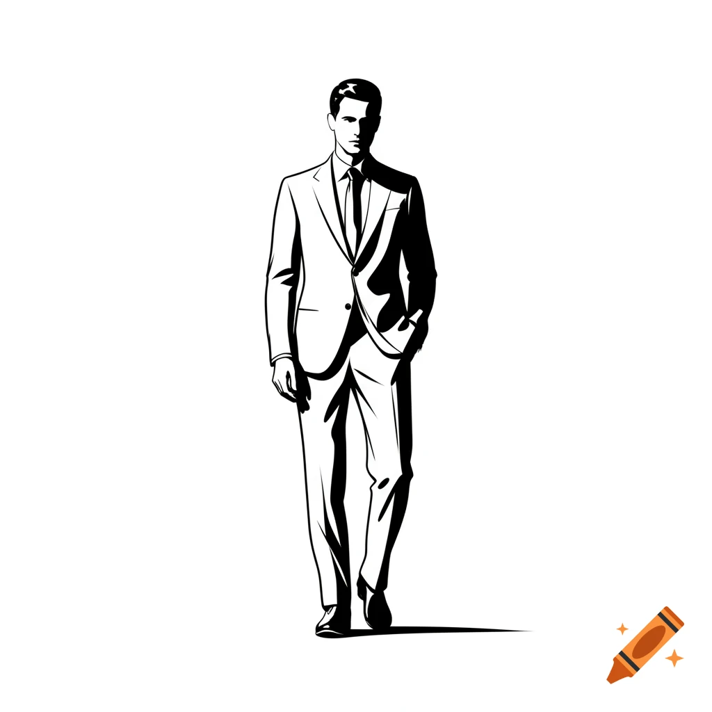 Simplified black and white illustration of a man in a suit, standing with one hand in his pocket.
