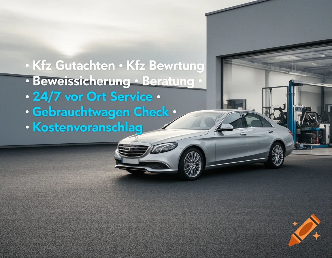 A silver Mercedes-Benz car parked in front of a modern garage with a list of automotive services displayed on the left wall.