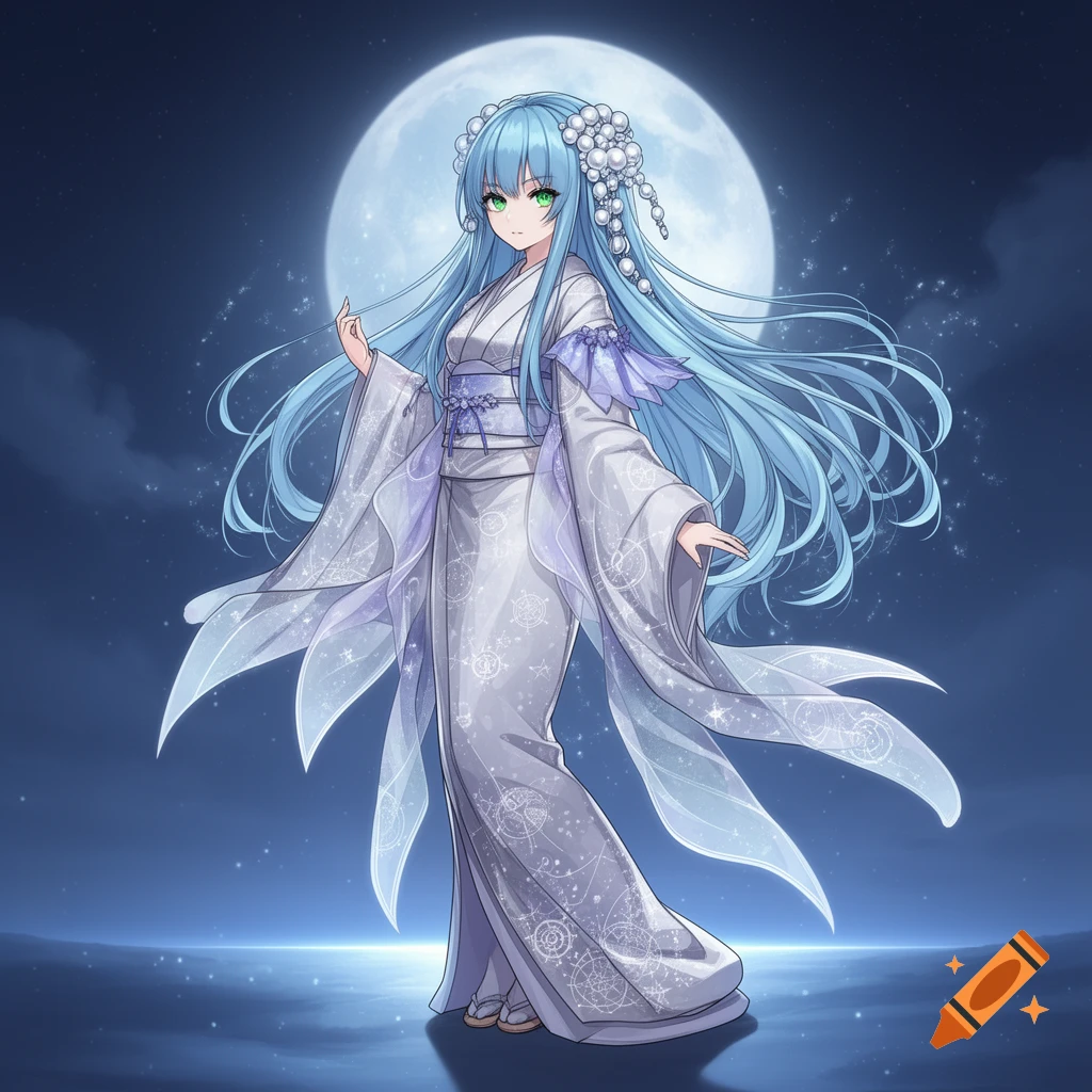 An anime girl with long light blue hair and green eyes, wearing a white and purple kimono, stands under a large full moon in a starry night.