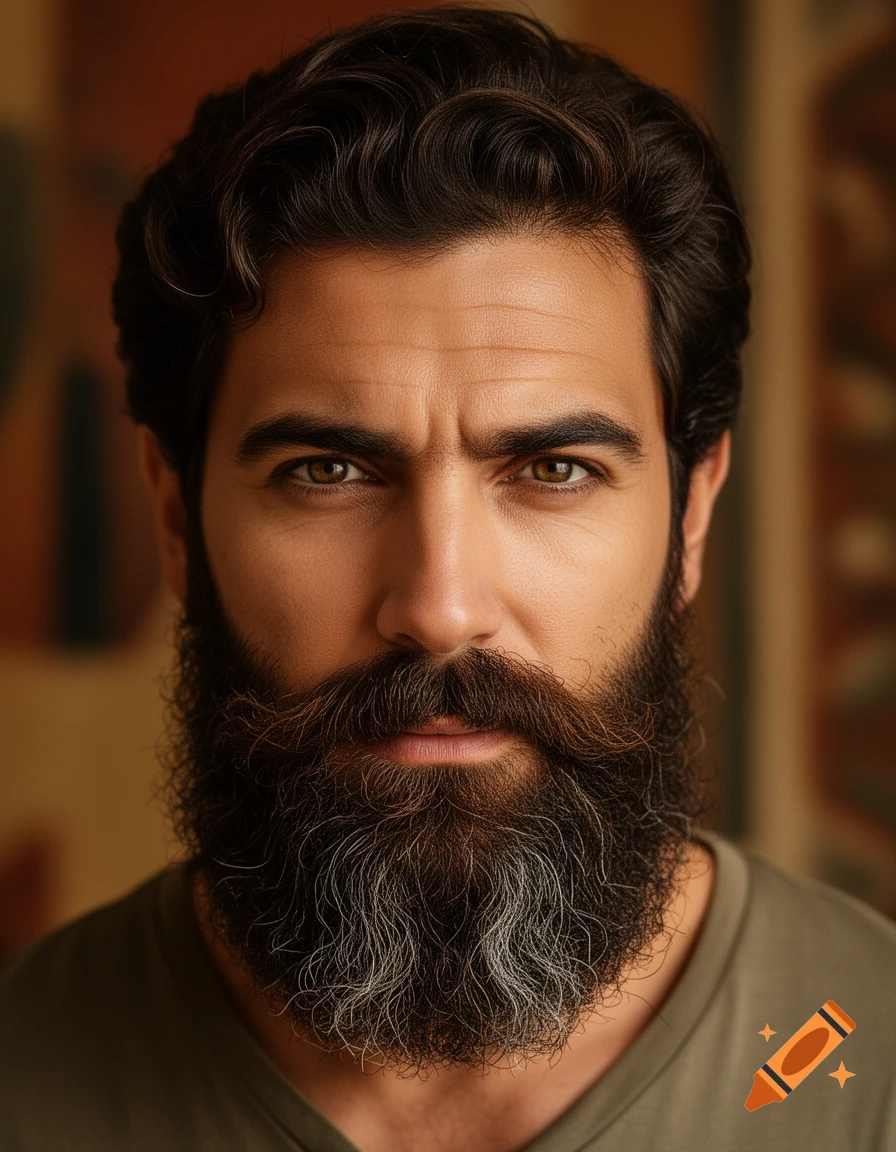Close-up photorealistic portrait of a man with dark hair and a long, dark beard with streaks of grey, looking directly forward.
