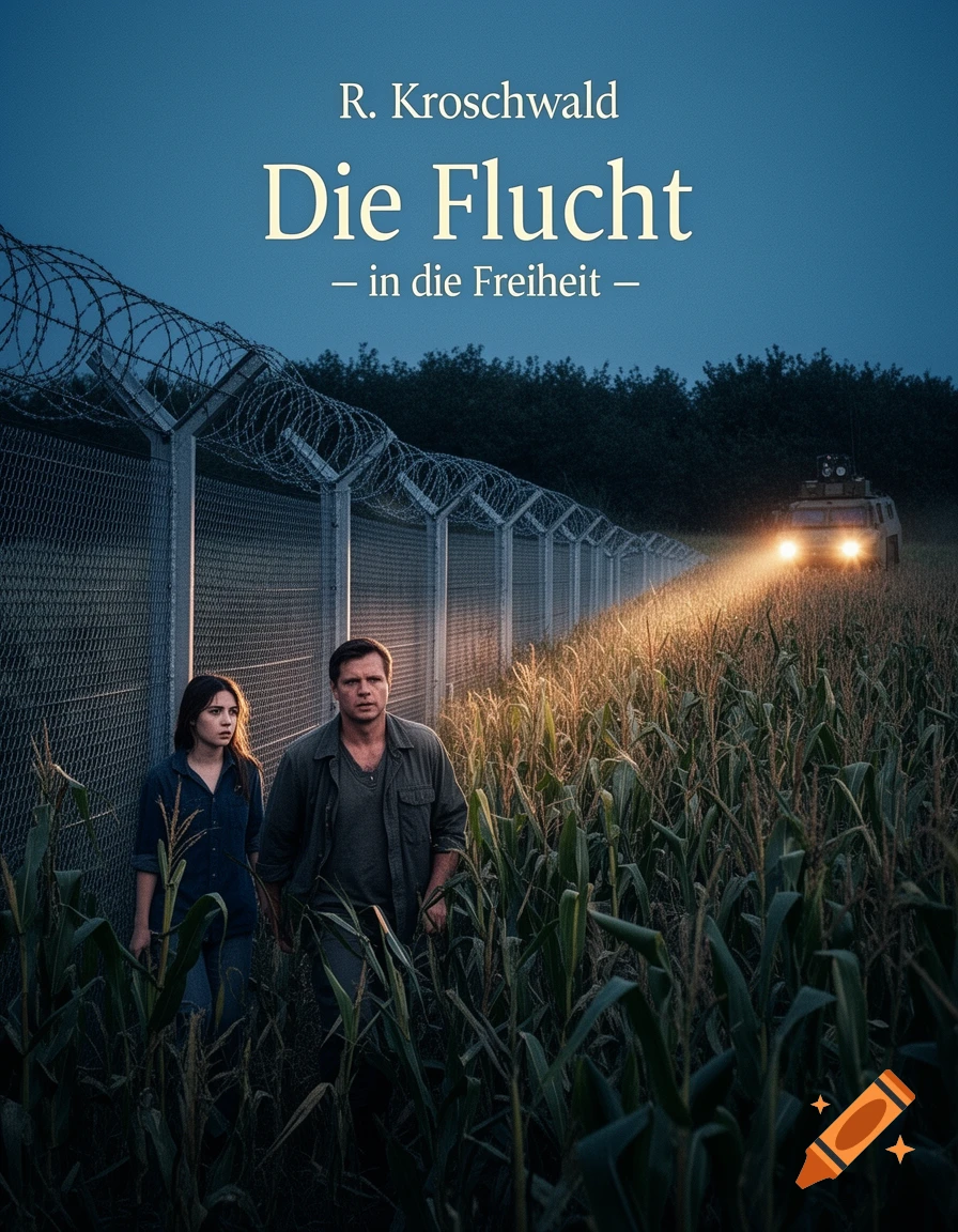 Photorealistic book cover: a man and young woman emerge from a cornfield beside a barbed-wire fence at dusk, illuminated by military vehicle headlights.
