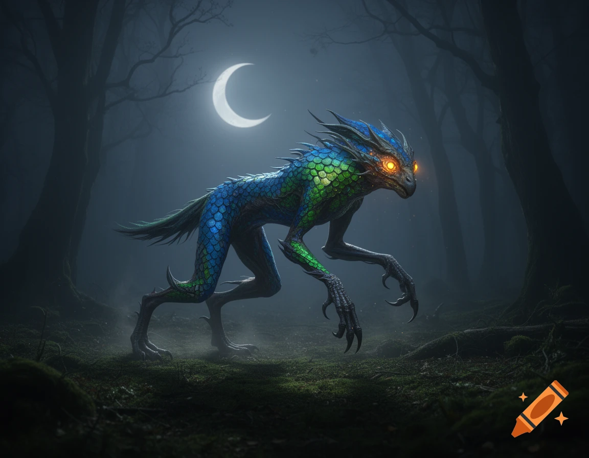 A reptilian-like monster with blue and green scales and glowing orange eyes walks in a dark, misty forest under a crescent moon.