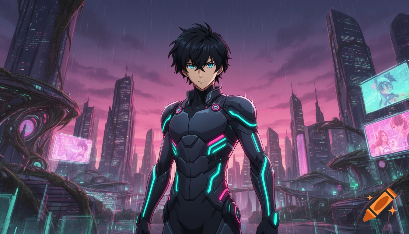 Anime character with glowing suit in a futuristic city at sunset with neon screens.