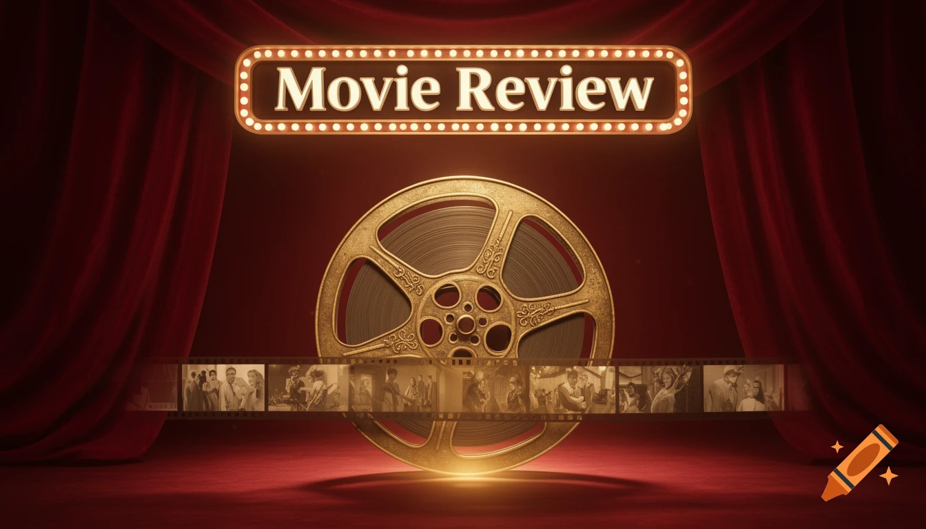A retro 'Movie Review' marquee sign above a golden film reel against red theater curtains and carpet.