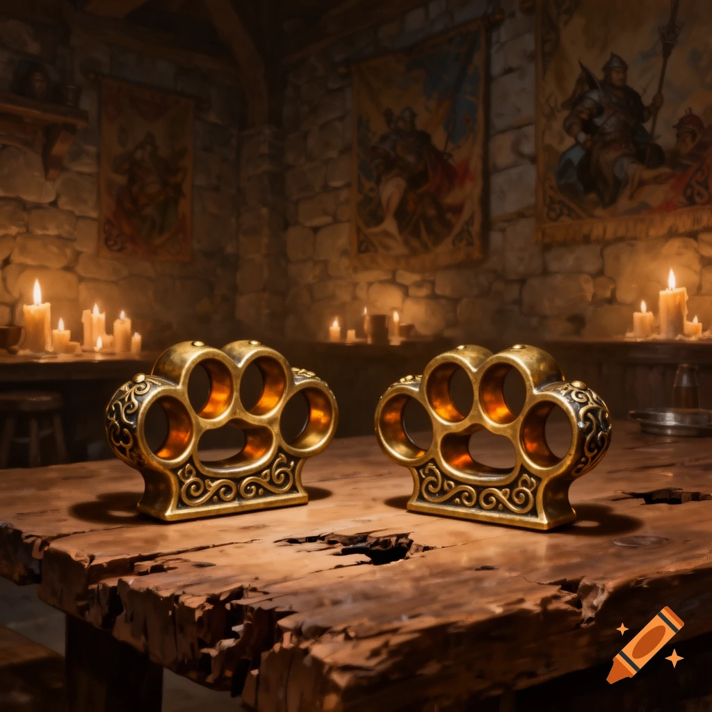 Two ornate brass knuckles sit on a rustic wooden table in a dimly lit, candlelit fantasy tavern with banners on stone walls.