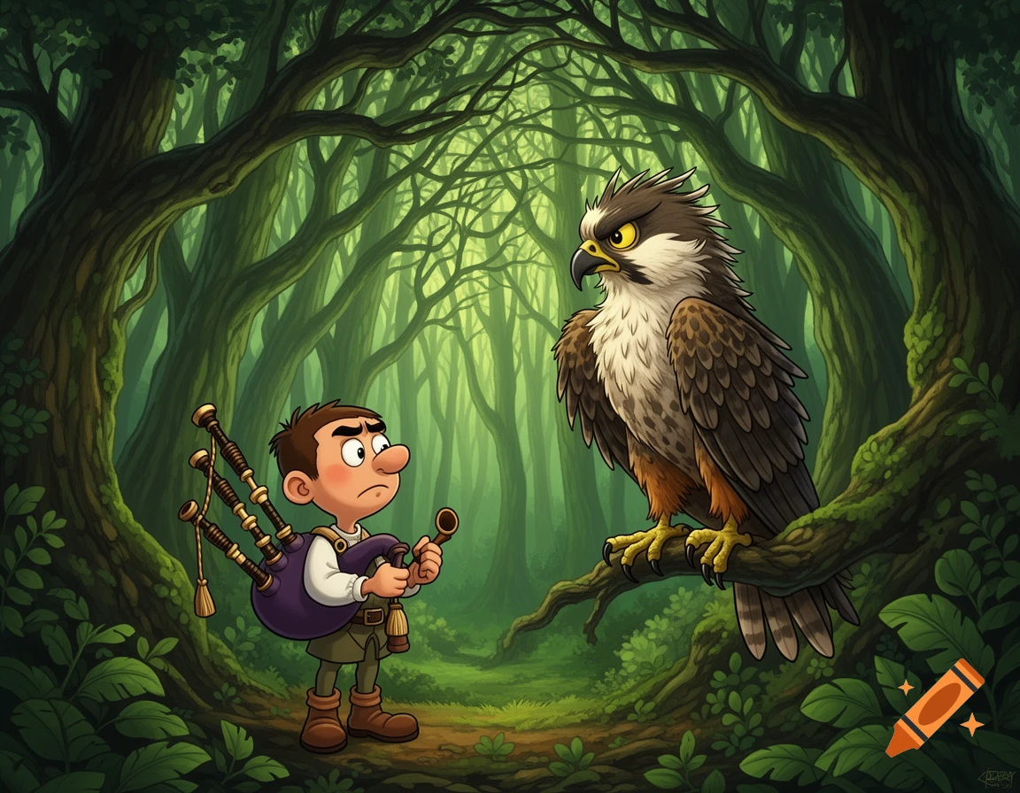 Cartoon illustration of a boy with a bagpipe looking perplexed at a hawk perched on a branch in a dense, green forest.