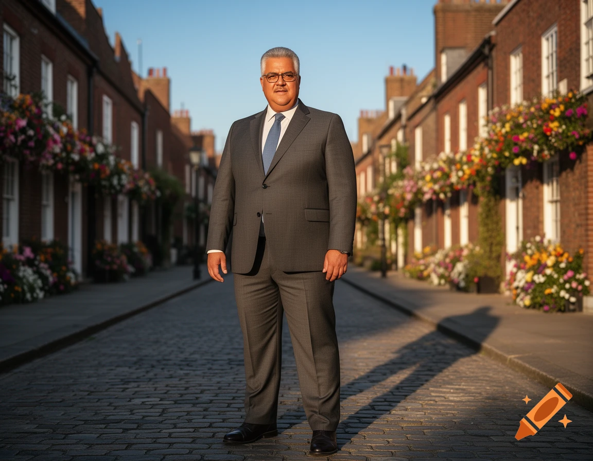A stout man in a gray suit stands on a cobblestone street lined with brick houses featuring colorful hanging flowers.