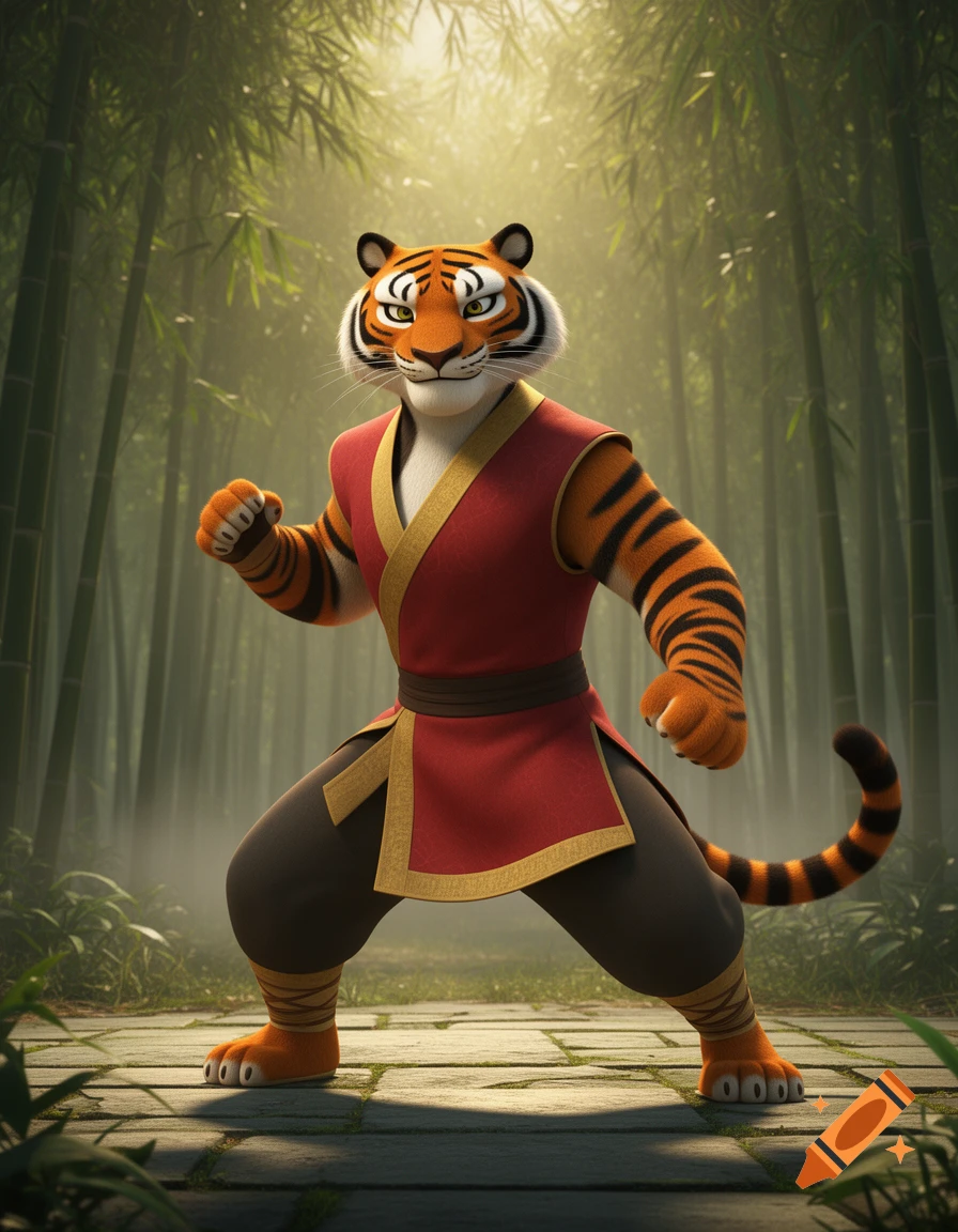 Tigress from Kung Fu Panda in a martial arts stance in a bamboo forest.