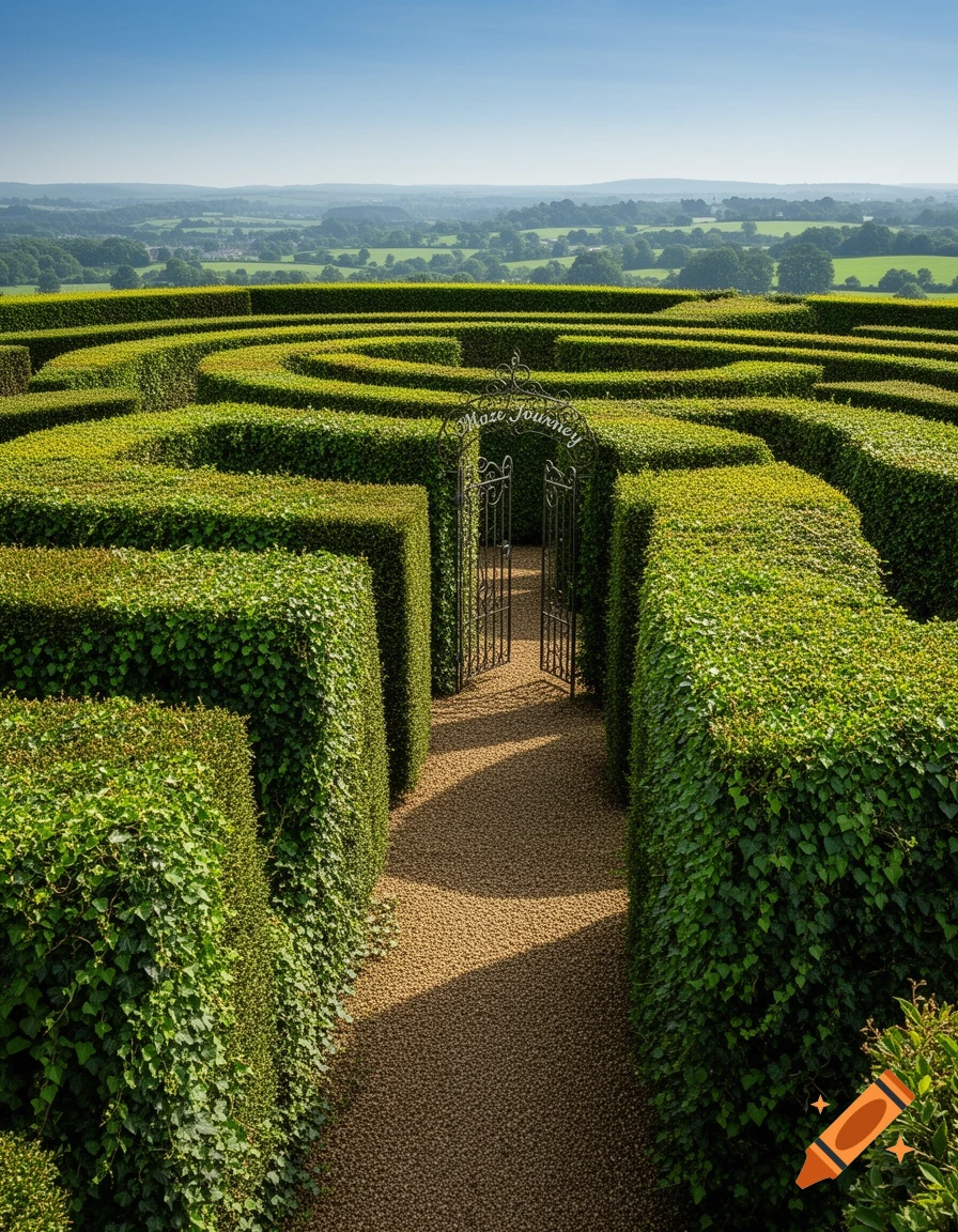 A photorealistic image of a lush green hedge maze under a clear blue sky, with an ornate gate marking the entrance to a path.