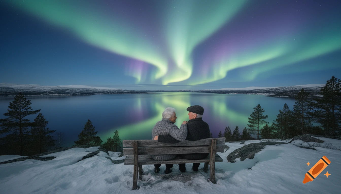 An elderly couple sits on a bench overlooking a serene lake and snow-covered mountains, illuminated by vibrant green and purple Northern Lights in a dark blue sky.