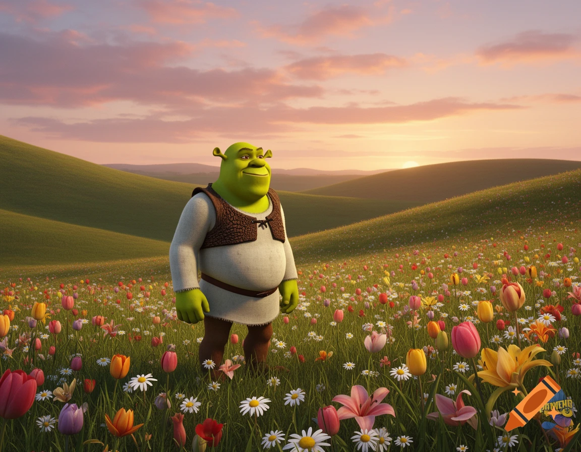 Shrek stands smiling in a vibrant flower field under a colorful sunset sky.