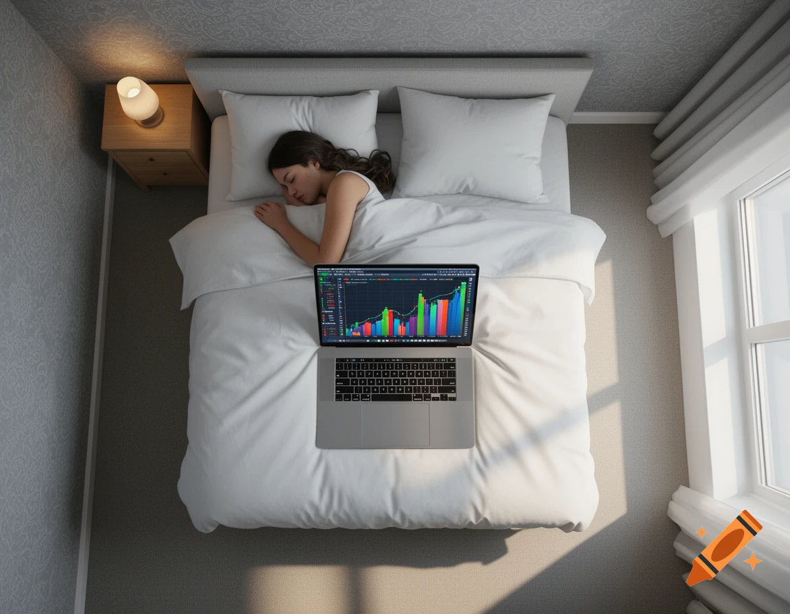 Top-down view of a woman sleeping in a tidy bed with a laptop displaying profit graphs on the white duvet.