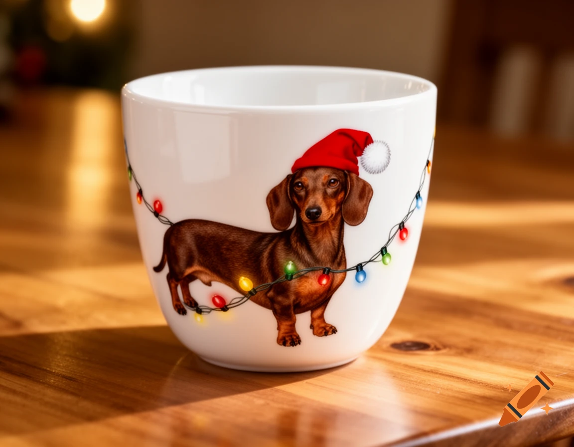 A white mug with a brown dachshund wearing a Santa hat, wrapped in colorful Christmas lights, on a wooden table.