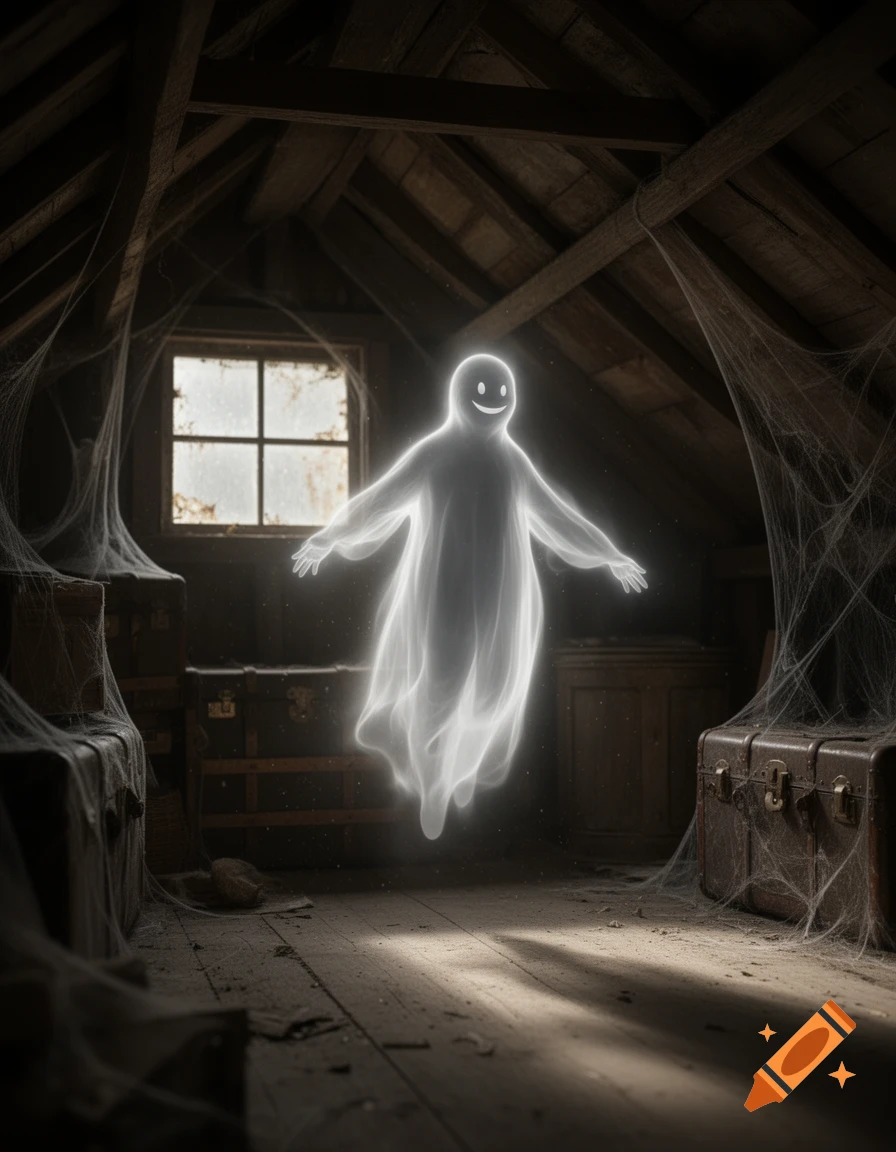 A friendly, glowing white ghost with a simple smiley face floats in a dusty, web-filled attic, illuminated by a window.