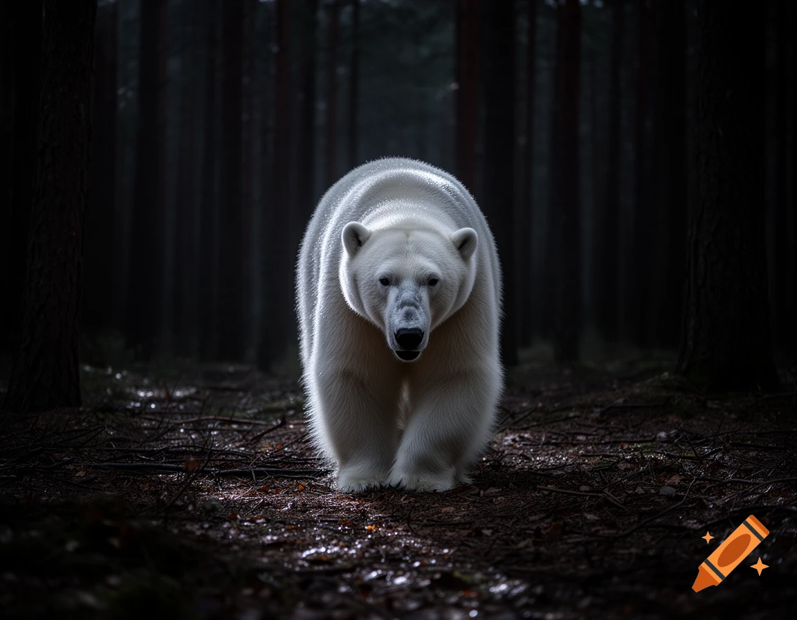 A majestic polar bear walks directly towards the viewer in a dimly lit, dense forest, illuminated by a spotlight effect.