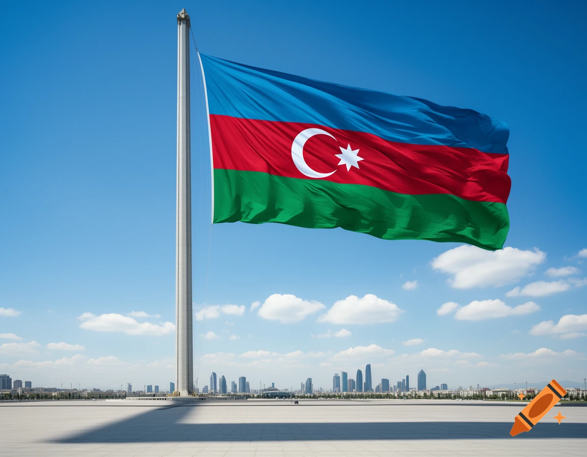A large Azerbaijani flag with a crescent and an eight-pointed star, waving from a tall flagpole against a blue sky, with a city skyline in the background.