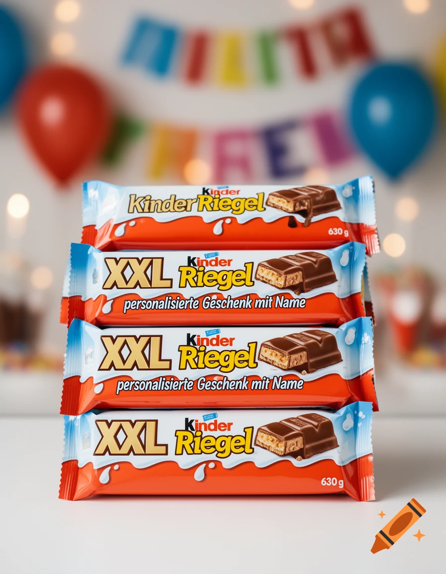 A stack of four Kinder Riegel chocolate bars with blurred balloons and a birthday banner in the background.