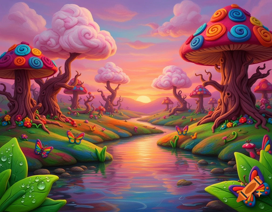 A vibrant claymation fantasy landscape with mushroom trees, pink cloud trees, a reflective river, and colorful butterflies at sunset.