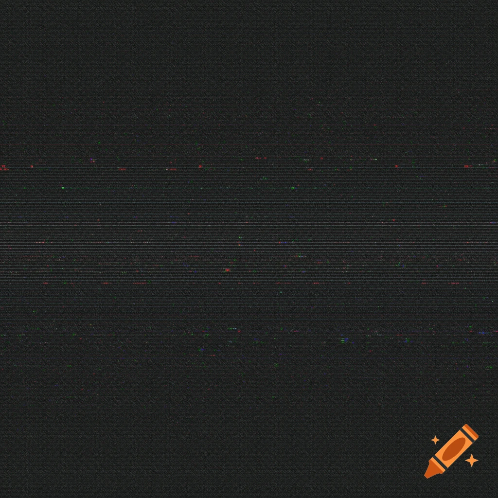 Abstract black background with subtle pixelation, horizontal VHS tracking lines, sparse red, green, and blue color specks, and a delicate CRT scanline pattern.