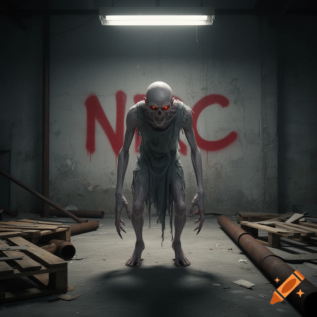 A gaunt, pale ghoul with glowing red eyes stands in a dimly lit, dilapidated room with red "NRC" graffiti on the wall.