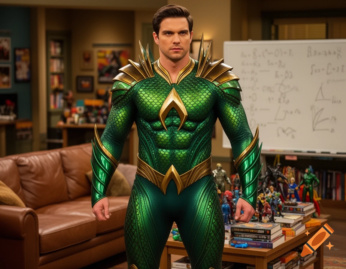 A man in a detailed green and gold Aquaman suit stands in a living room with a whiteboard and books in the background.