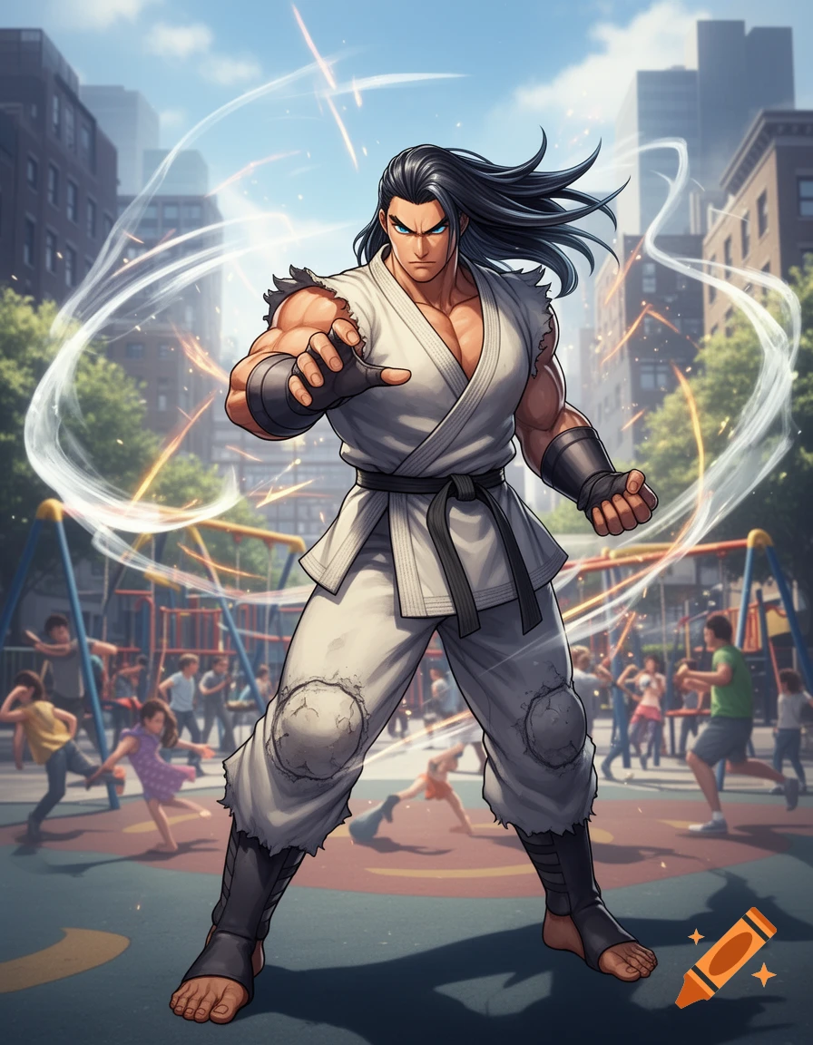 A muscular anime-style male fighter in a white gi with long dark hair stands dynamically in a city playground with energy effects.