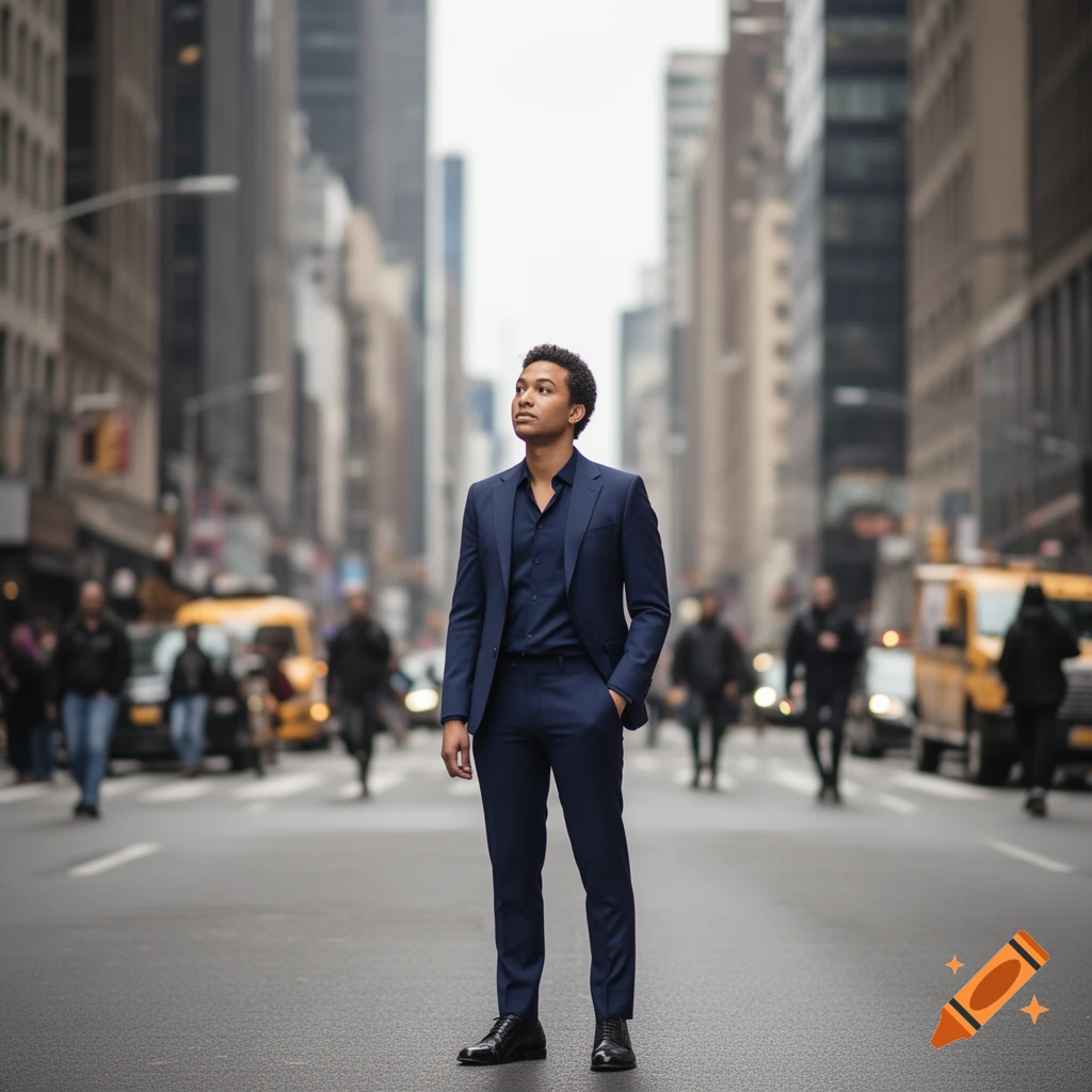 A young man in a dark blue suit stands in the middle of a busy city street, looking up, with blurred skyscrapers and yellow taxis in the background.
