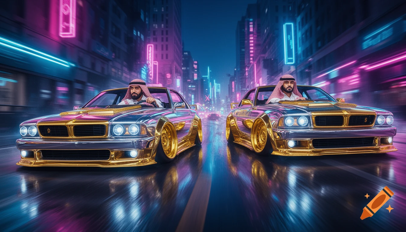 Two men in traditional Arab headwear driving gold and chrome tuned cars down a vibrant, neon-lit city street at night.