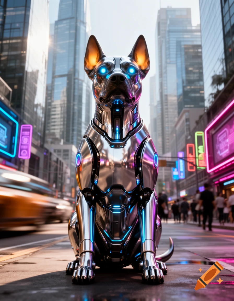 A metallic robot dog with glowing blue eyes sits on a city street at sunset, surrounded by neon lights and tall buildings.