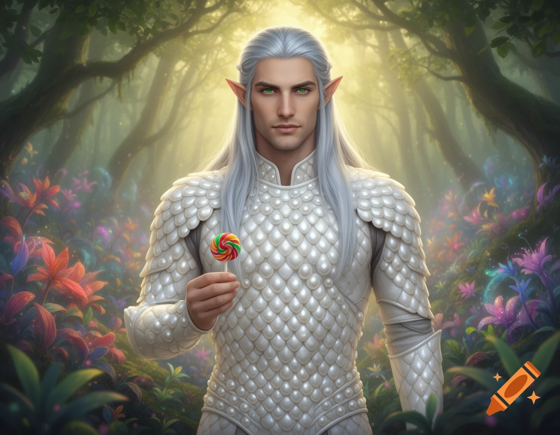 A silver-haired male elf in white scale armor holds a colorful lollipop in a glowing fey forest.