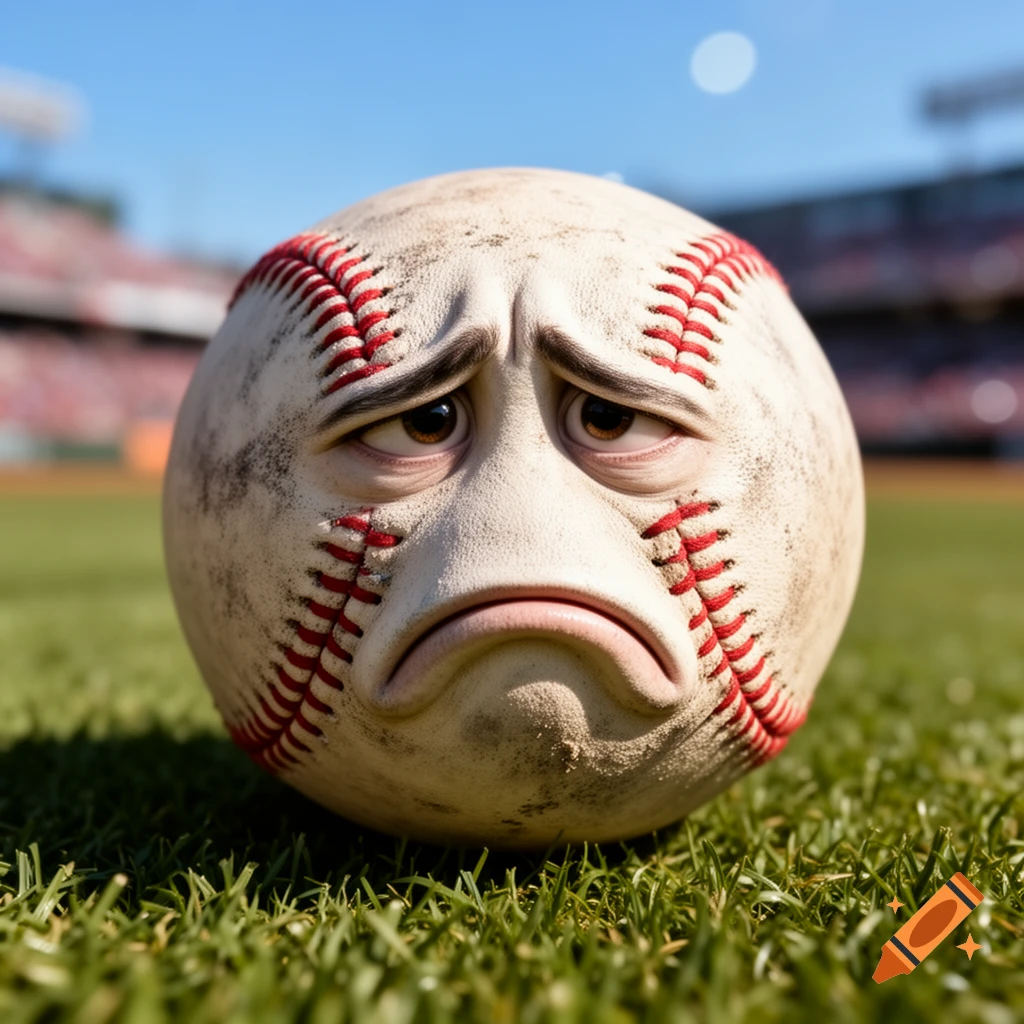 A close-up, photorealistic image of a dirty baseball with a sad, frowning human-like face on a green grass field with a stadium in the background.