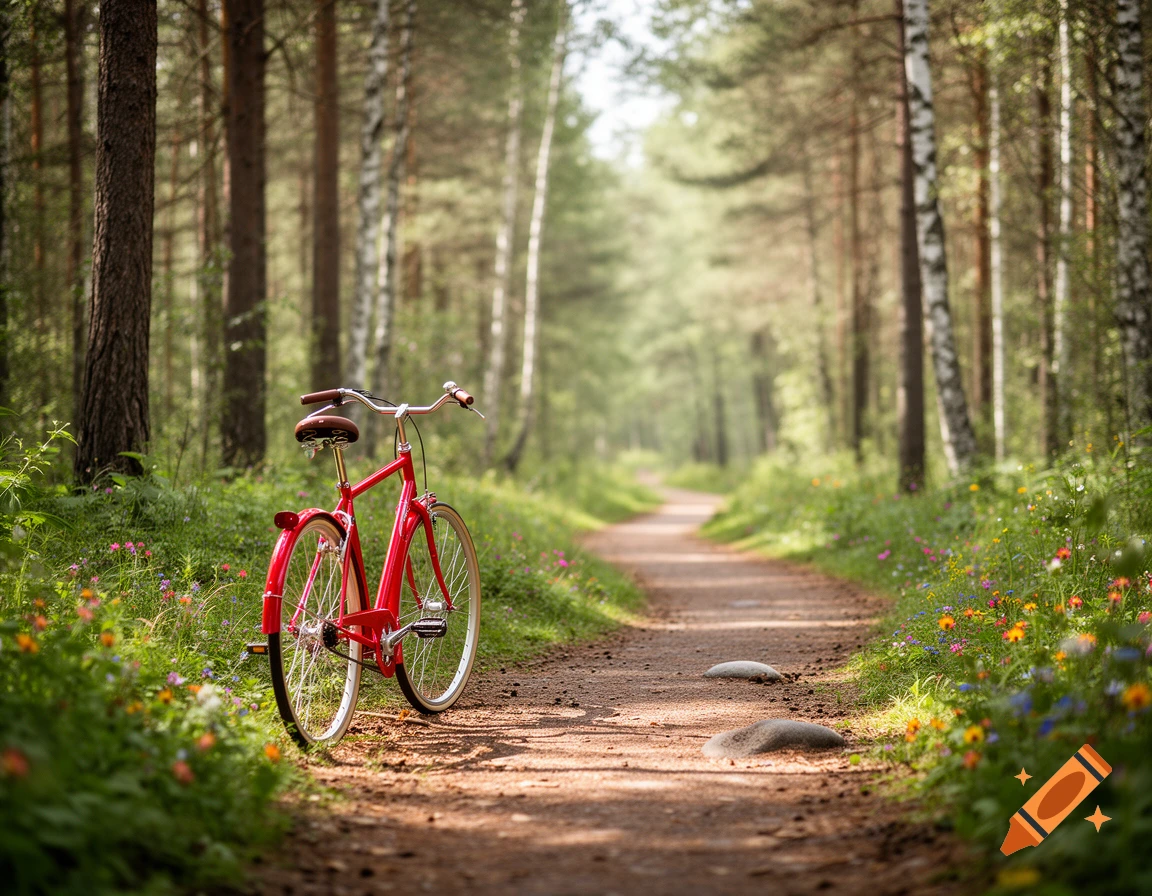 A red bicycle is parked on a dirt path winding through a sunlit forest with tall trees and wildflowers.