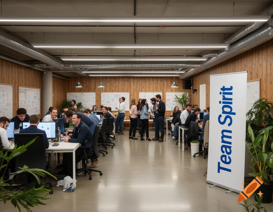 People working and interacting in a modern open-plan office with a "Team Spirit" banner and whiteboards.