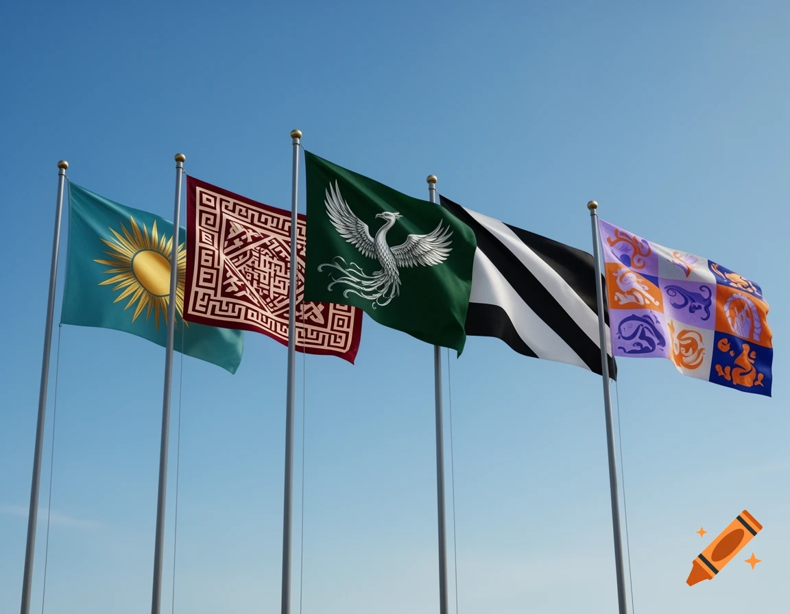 Five distinct fictional flags, featuring a sun, a phoenix, geometric patterns, and stripes, wave against a clear blue sky.