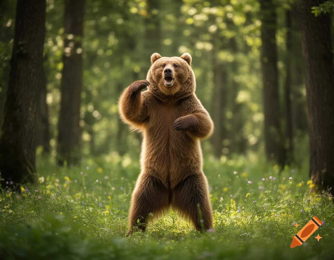 A photorealistic brown bear stands on its hind legs in a sunny forest, with its mouth open and paws raised, as if boxing.