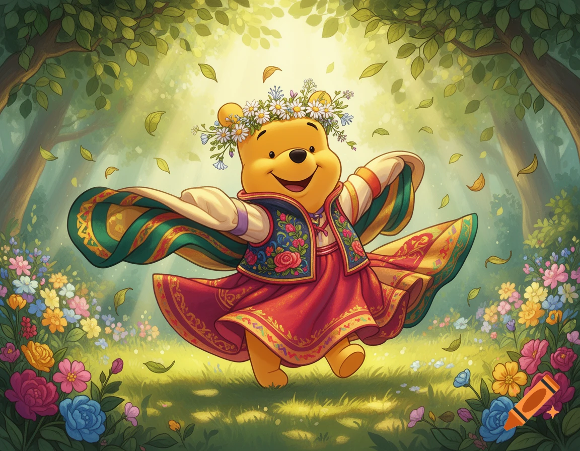 A cheerful Winnie the Pooh wears a red and gold traditional folk dress with a flower crown, dancing in a lush forest with falling leaves and colorful flowers.