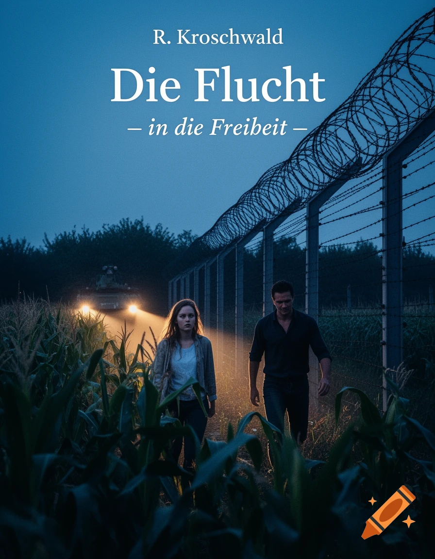 Dramatic book cover 'Die Flucht' with a man and woman in a cornfield, barbed wire fence, and distant vehicle headlights at twilight.