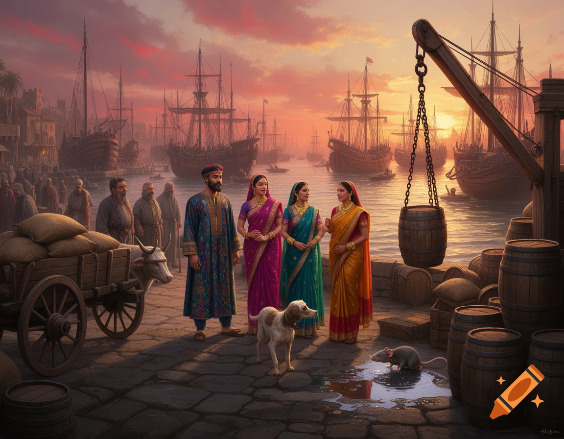 A bustling medieval port at sunset, with ships, people in traditional attire, an ox cart, and a crane loading barrels. A dog and rat are also present.
