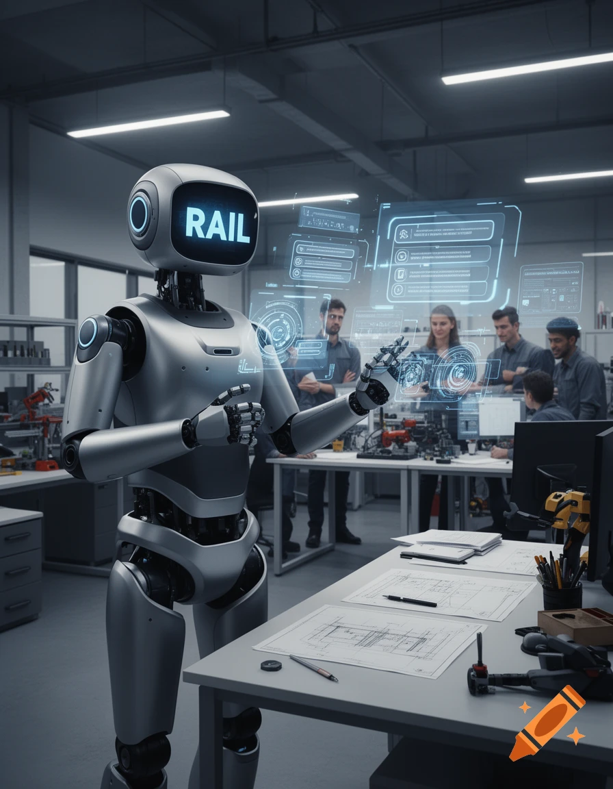 A silver robot with 'RAIL' on its head displays holographic data to engineers in a modern manufacturing lab.