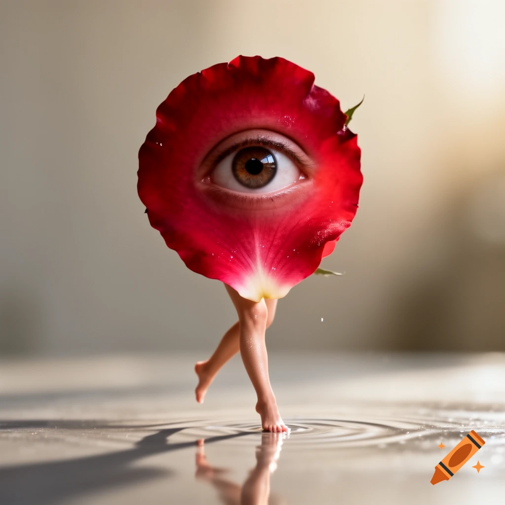 A surreal image of a red rose petal with a human eye in its center, and two human legs walking on a water surface, photorealistic.