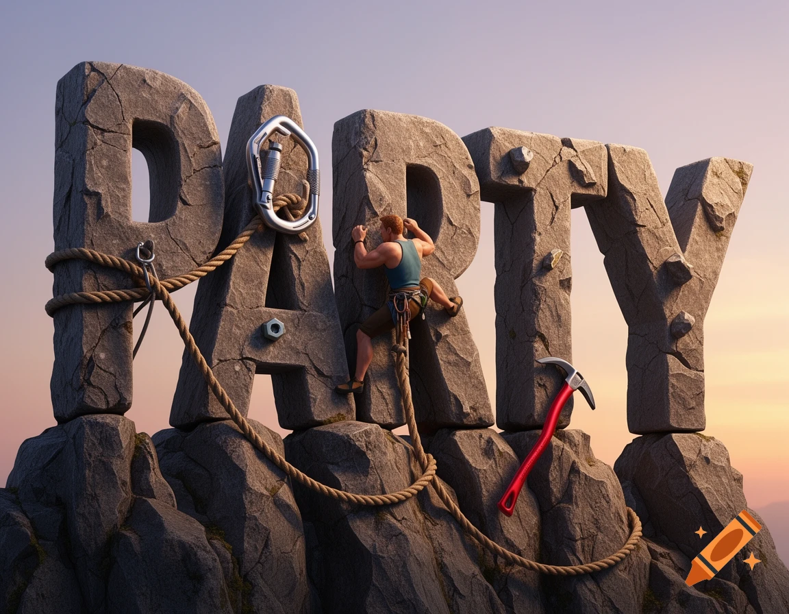 A man climbs large stone letters spelling PARTY, adorned with ropes and climbing gear, against a sunset sky.