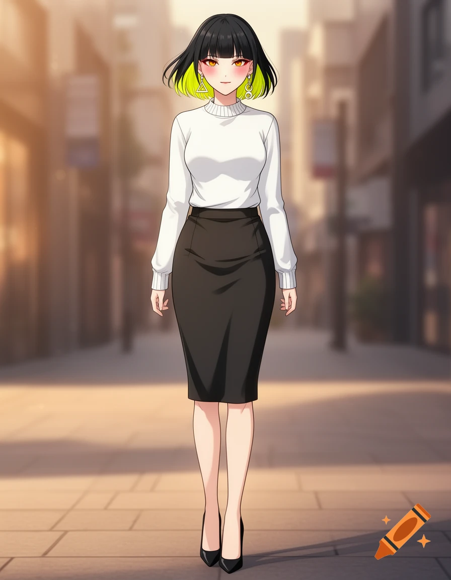 Anime girl with black bob and neon yellow hair, amber eyes, wearing a white sweater, black pencil skirt, and stilettos, standing on a street.