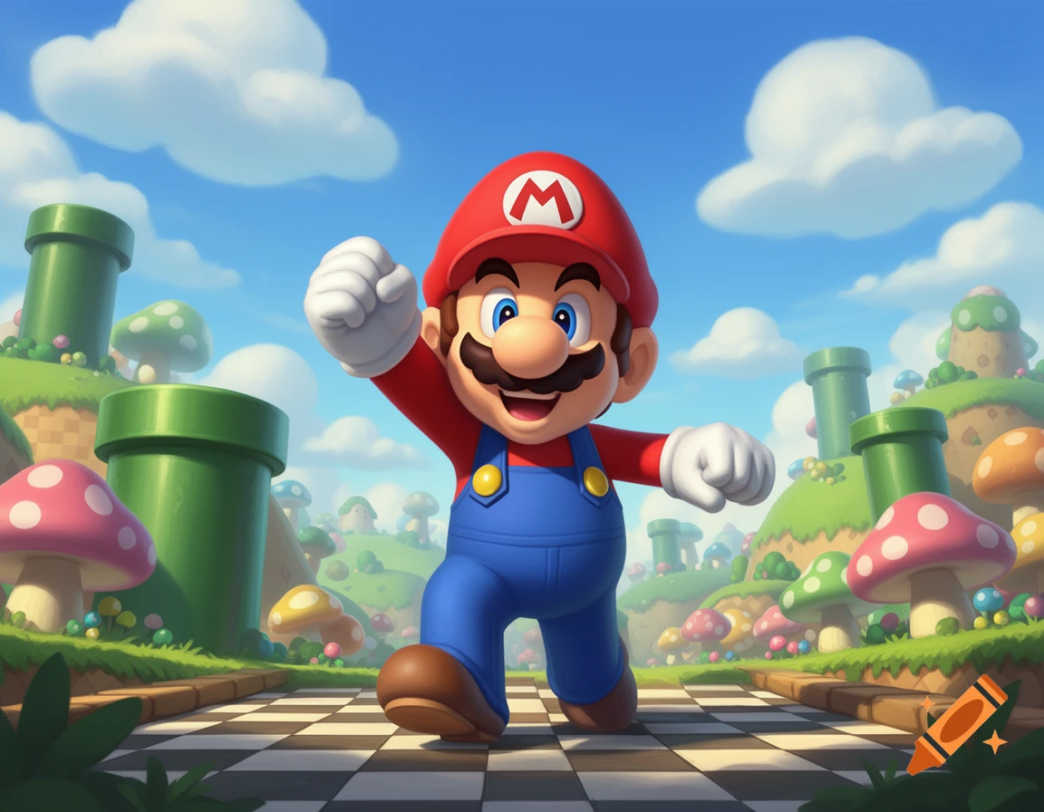 Mario running through a colorful mushroom kingdom landscape on a checkered path under a blue sky.