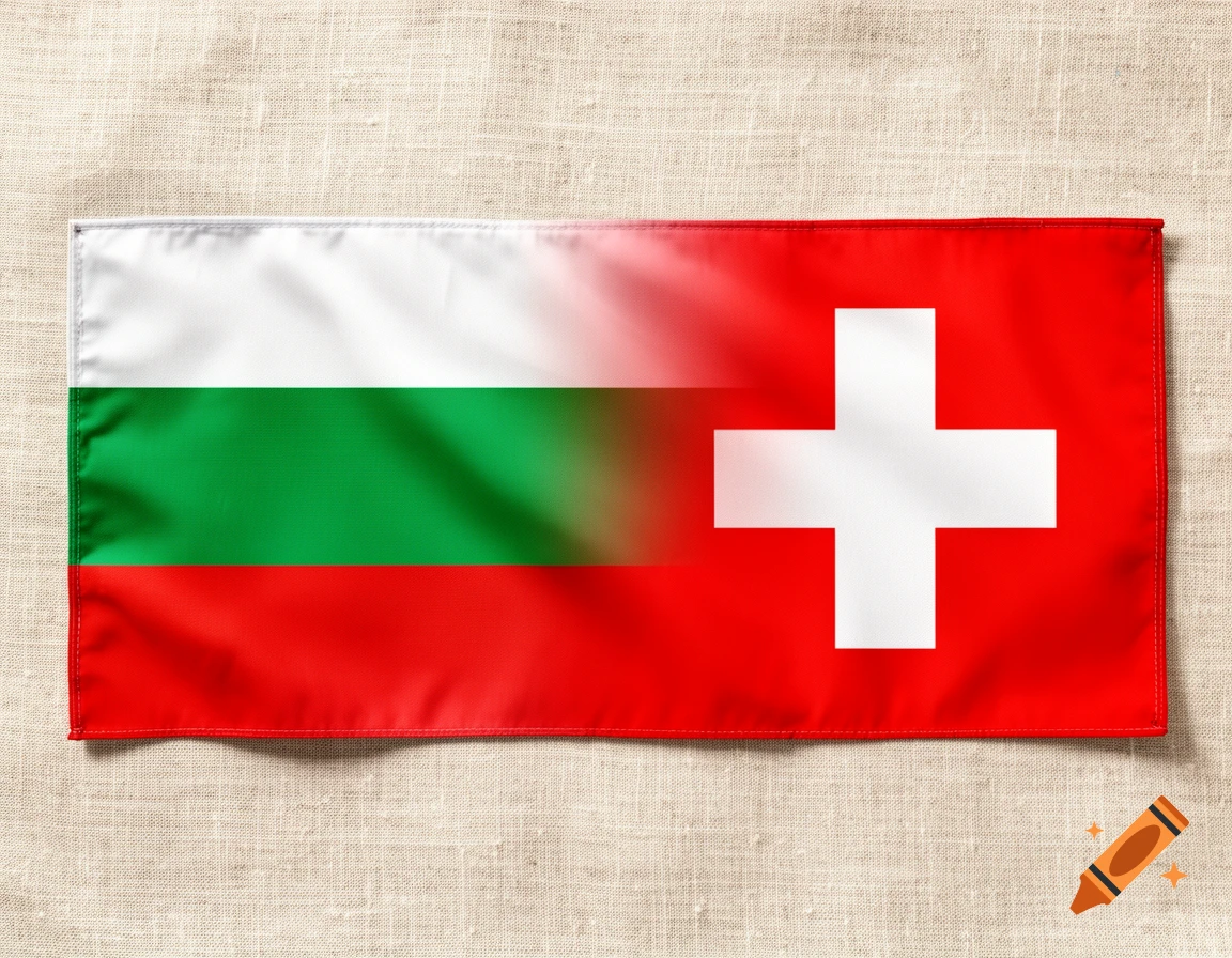 A combined Bulgarian and Swiss flag, showing Bulgaria's tricolor blending into Switzerland's red flag with a white cross, on a fabric surface.