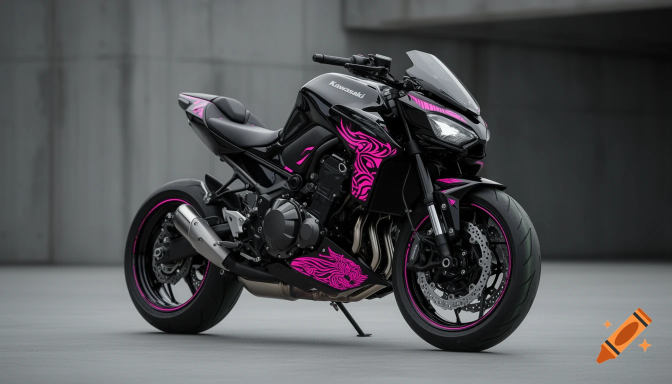 A black Kawasaki Z900 motorcycle with pink tribal tiger patterns, parked on a concrete surface.