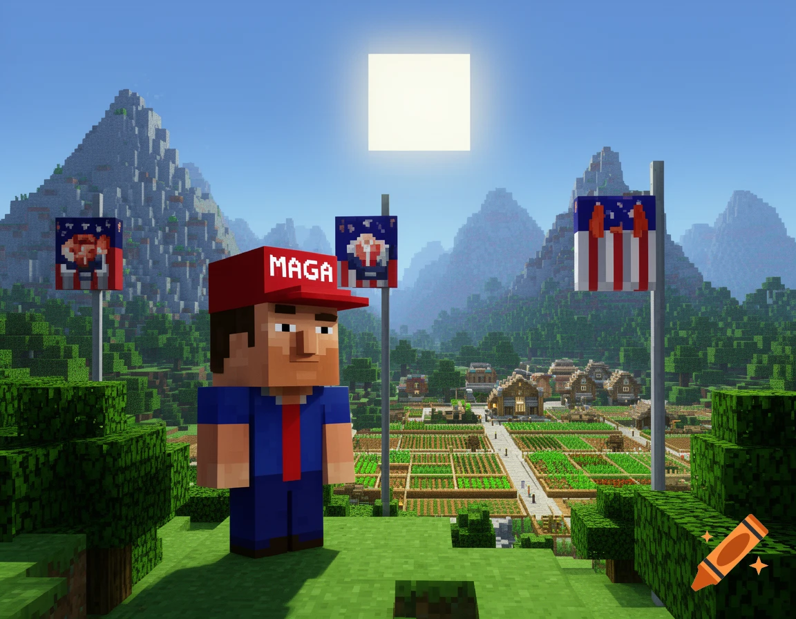 A blocky Minecraft character wearing a red MAGA hat stands in a vast Minecraft world with mountains, trees, a village, and flags with political symbols.