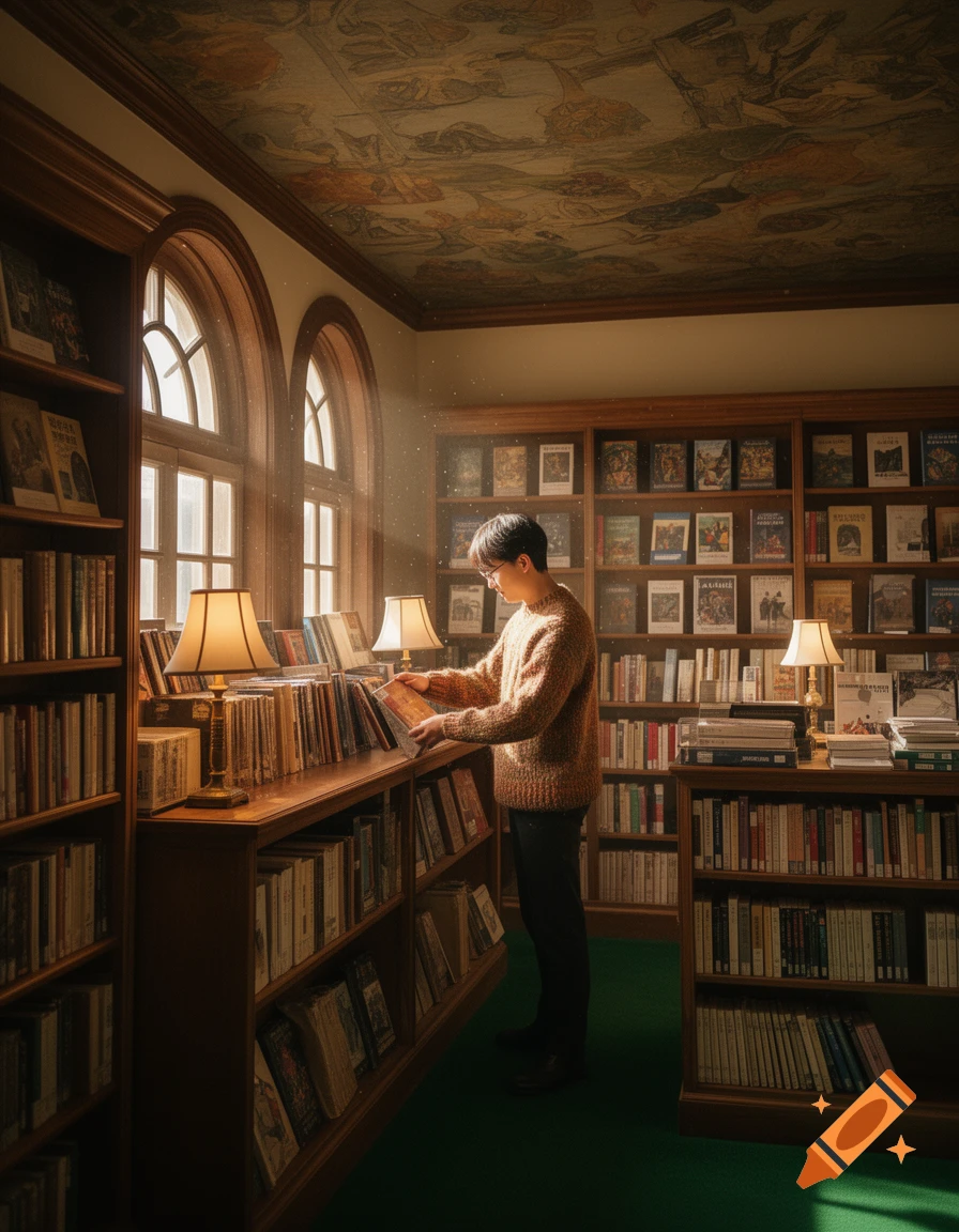 A person selects a book from a wooden shelf in a warm, sunlit library with a painted ceiling, surrounded by many books.