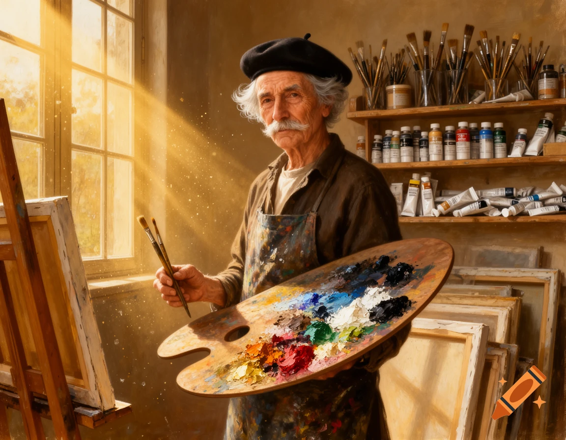 An old painter with a beret and mustache holds a palette and brushes in a sunlit art studio, surrounded by canvases and paint supplies.