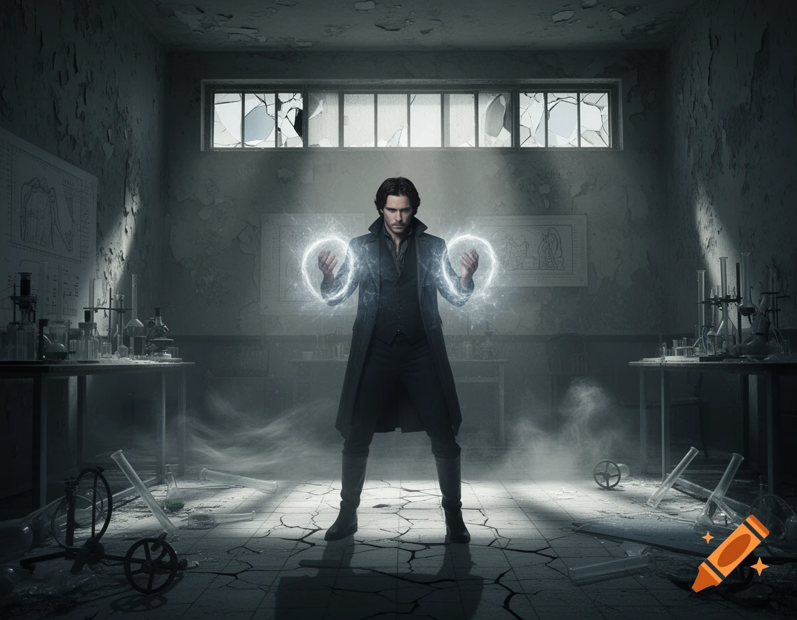 A man resembling Ben Barnes as Van Helsing emits glowing energy circles from his hands in a dilapidated, abandoned laboratory.