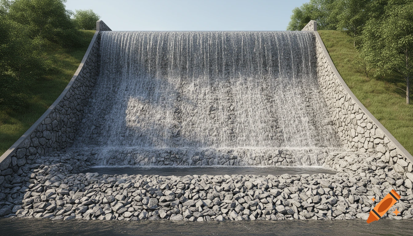 A large man-made waterfall cascades over a stone and concrete wall, flanked by green grassy slopes and trees under a clear blue sky.
